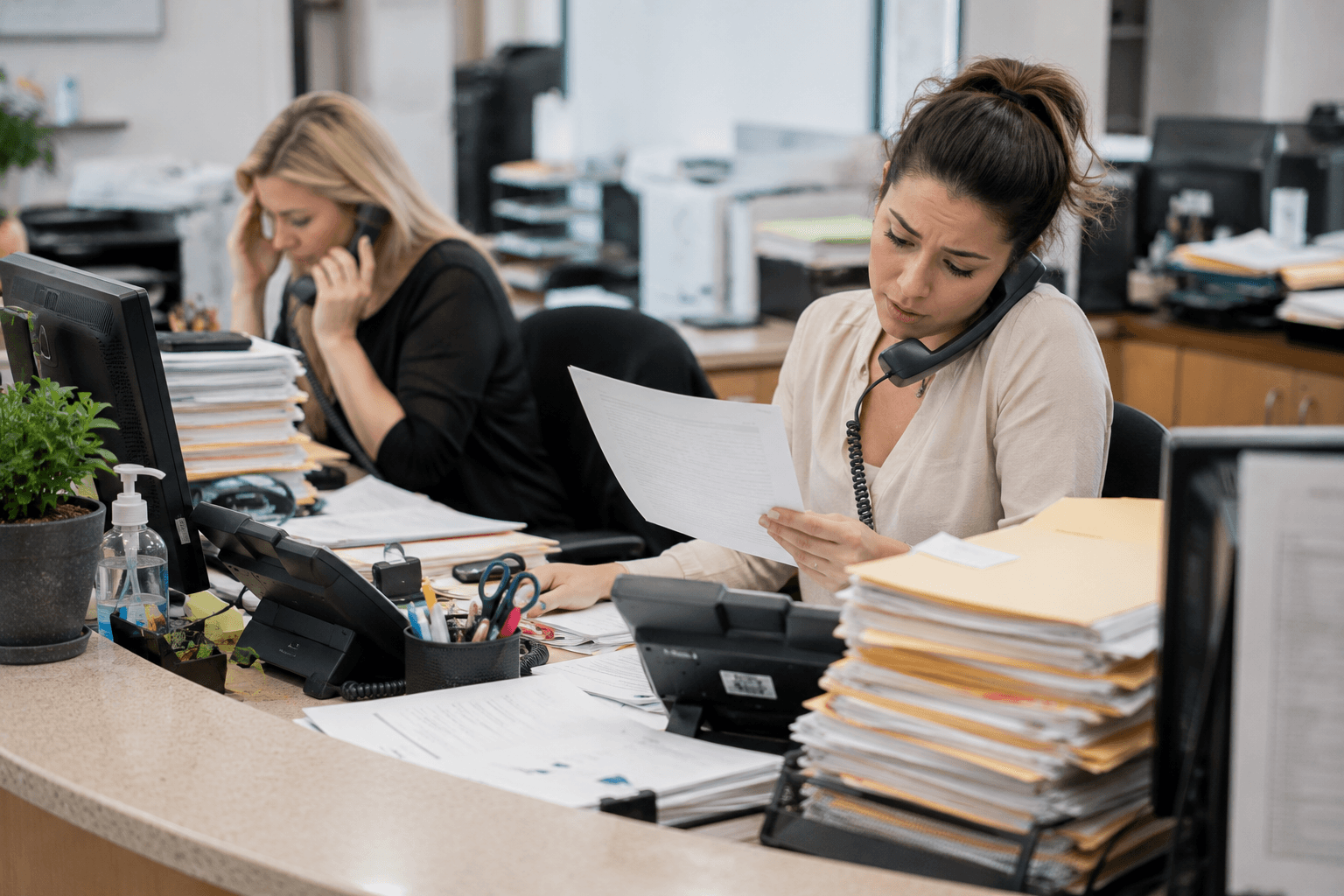 A cluttered front desk with a ringing phone and stacked paperwork