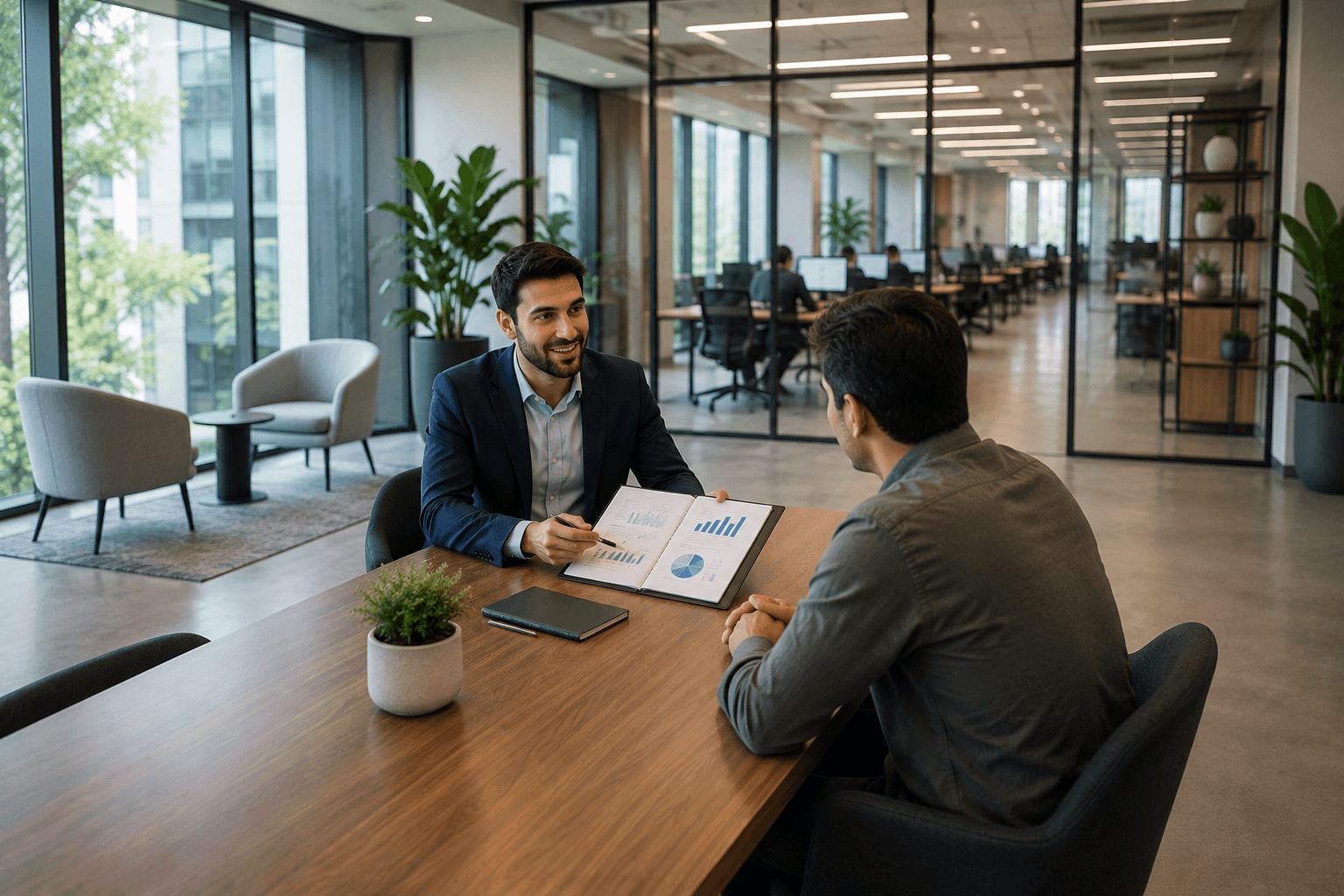 Two business advisors reviewing an assessment report together