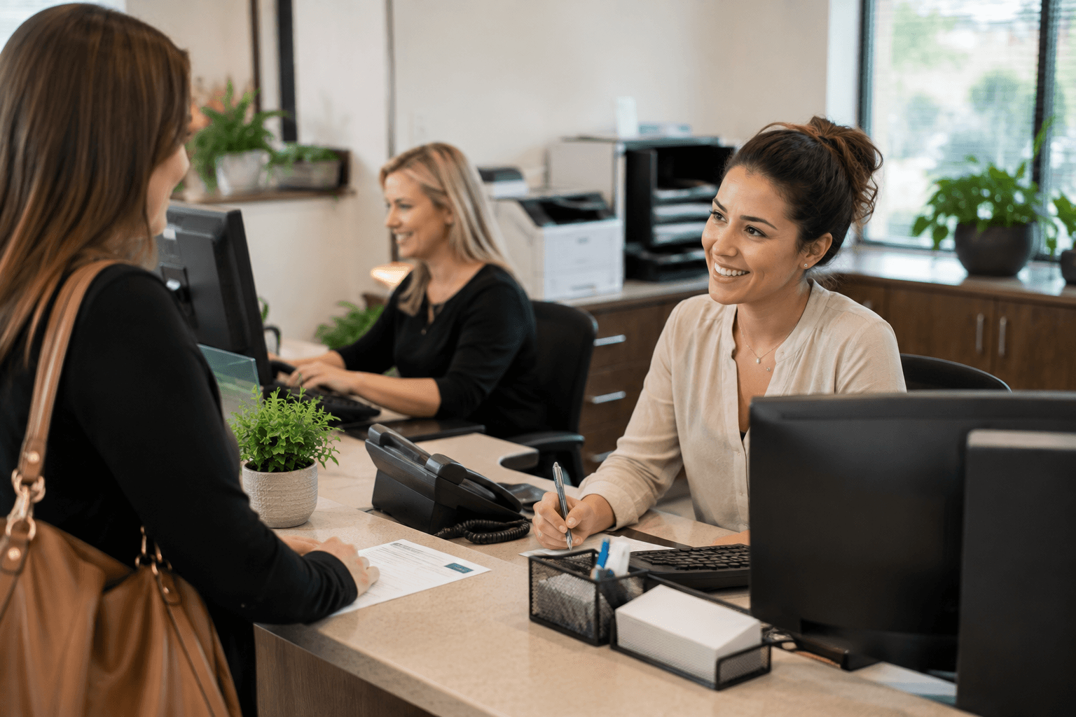 A calm, organized front desk with a focused employee