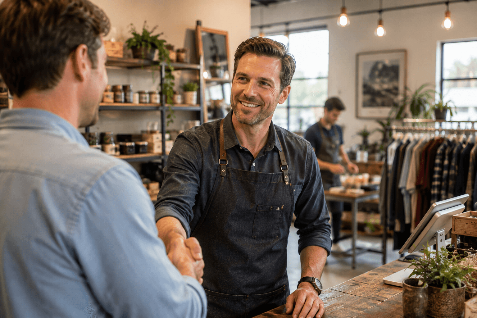 A confident local business owner at their shop, mid-workday