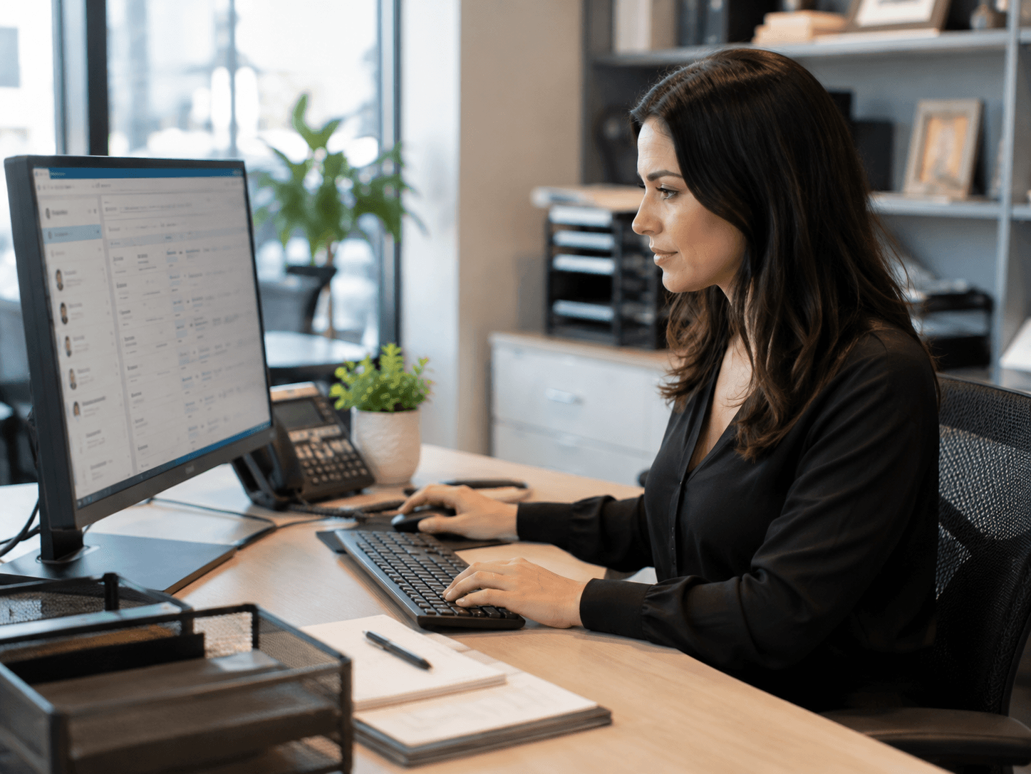 A business owner reviewing organized customer records on a computer