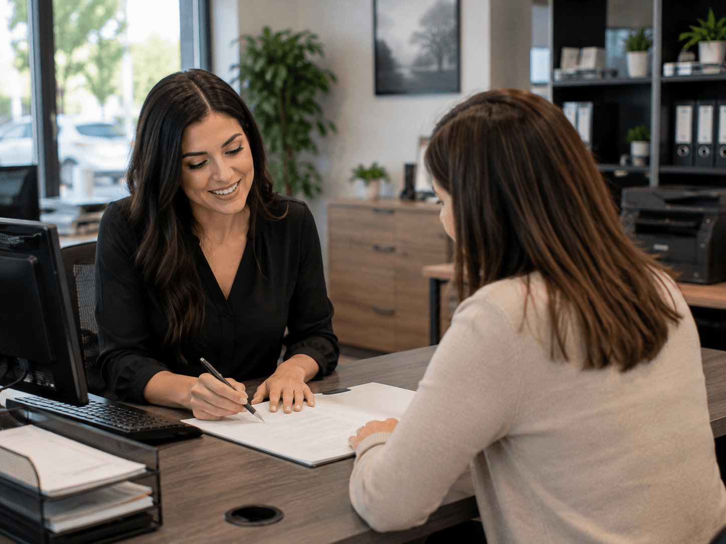 A business owner reviewing a completed document on a laptop